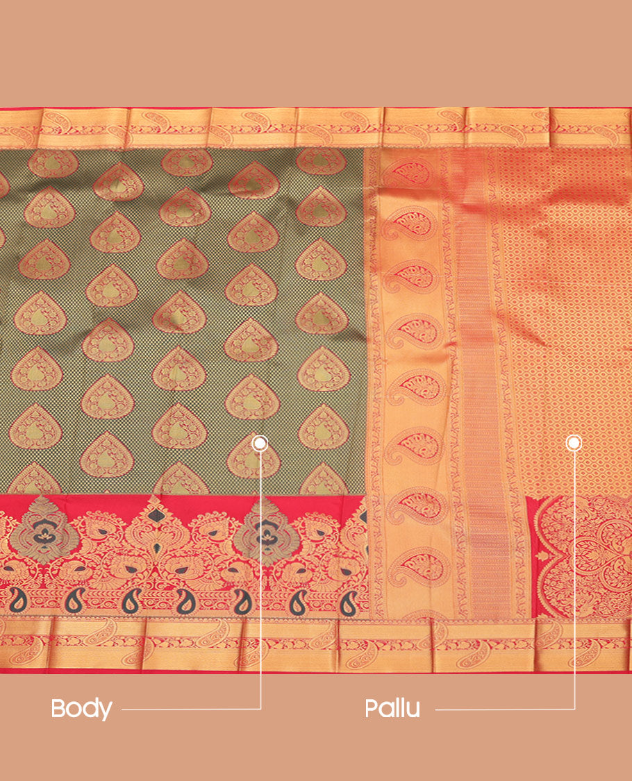 Green Budget Silk Saree, Graced with Jacquard Design, Complemented by Contrast Traditional Zari Woven Skirt Border, a Grand Pallu and a Contrast Blouse