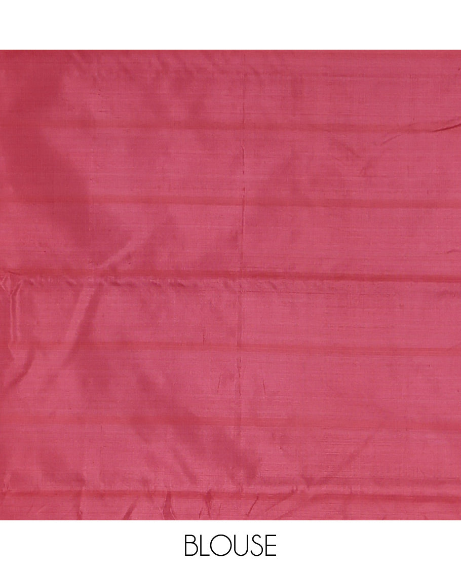 Borderless Sandal Checked Banana Pith Saree, Complemented by a Contrast Pallu of Stripes and Buttas, and a Contrast Blouse