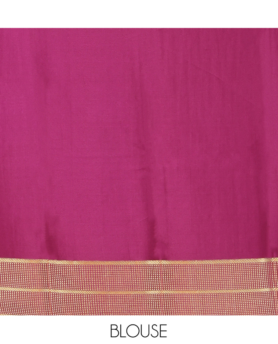 Wine Mysore Silk Saree, Opulently Embellished with Peacock-Deer Buttas and Stripes, Highlighted by a Traditional Zari Border, Grand Pallu, and a Matching Blouse
