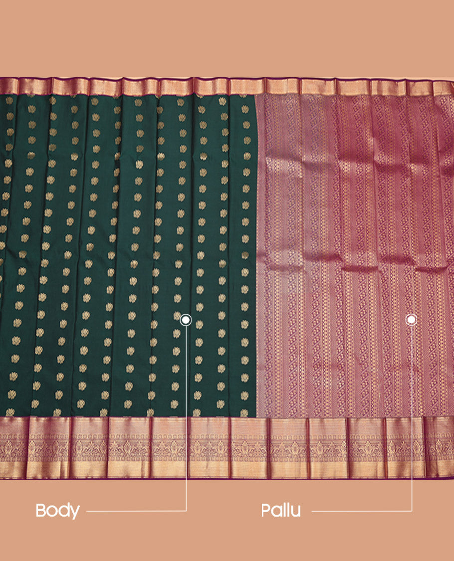 Green Budget Silk Saree, Spotlighted with Zari Buttas, Complemented by a Contrast Traditional Zari Border, Intricate Pallu, and a Contrast Blouse