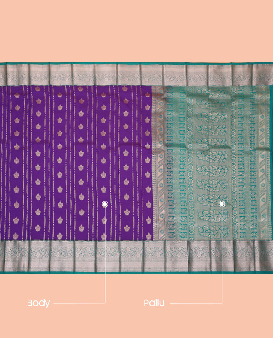 Violet Budget Silk Saree, Woven with Zari Designs, Complemented by a Contrast Traditional Zari Border, Floral Pallu, and a Contrast Blouse