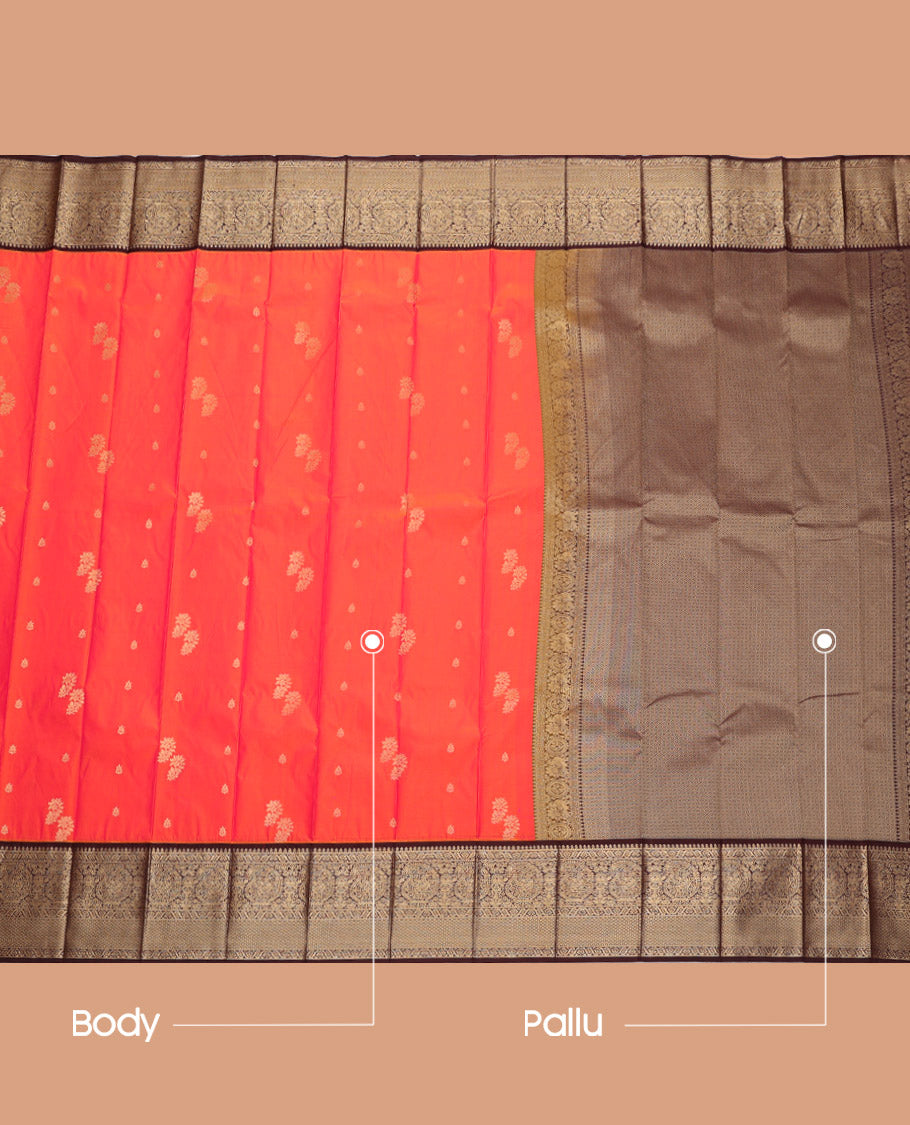 Orange Budget Silk Saree, Detailed with Zari Buttas, Complemented by a Contrast Traditional Zari Border, Intricate Pallu, and Contrast Blouse