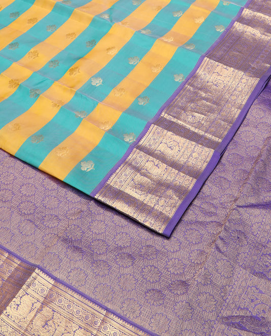 Yellow-blue striped & zari design vasundhara silkmix saree, contrast floral pallu & border of rekku,muthu,kathir & mayil