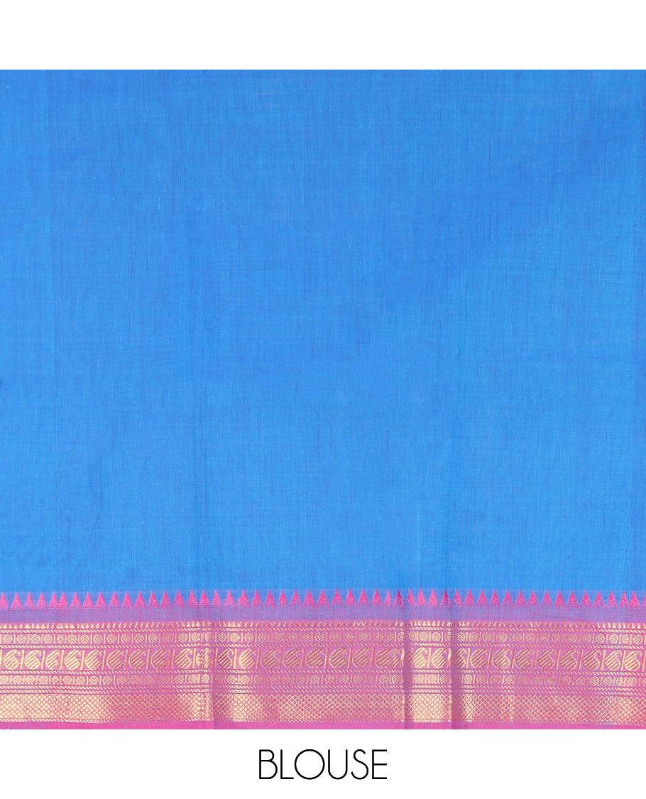 Blue Plain Chettinad Cotton Saree, Complemented by Contrast Traditional Design Temple Border, Striped Pallu, and Paired with a Matching Blouse