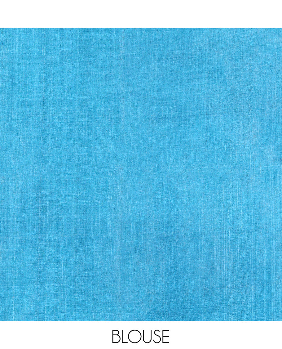 Blue Plain Tussar Silk Saree, Highlighted by Floral Creeper Design Border, Gleaming Zari Pallu, and Paired with a Contrast Blouse