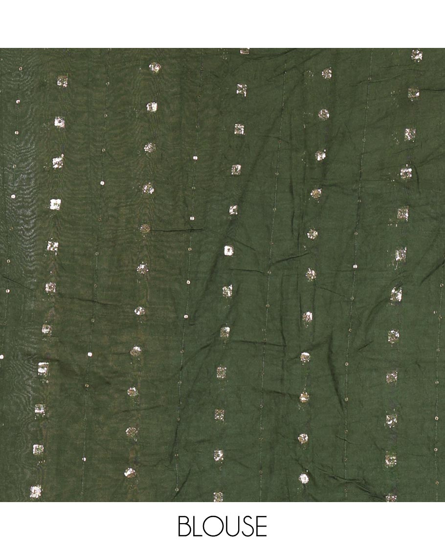 Green horizontal striped fendy chiffon saree, piping border, striped palu, and blouse of sequins and zari buttas