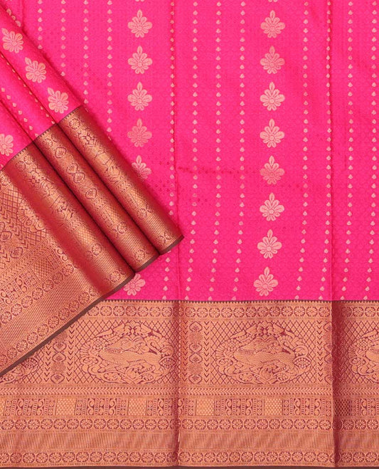 Pink floral design art silk pavadai material with contrast intricate zari design border & floral zari design blouse