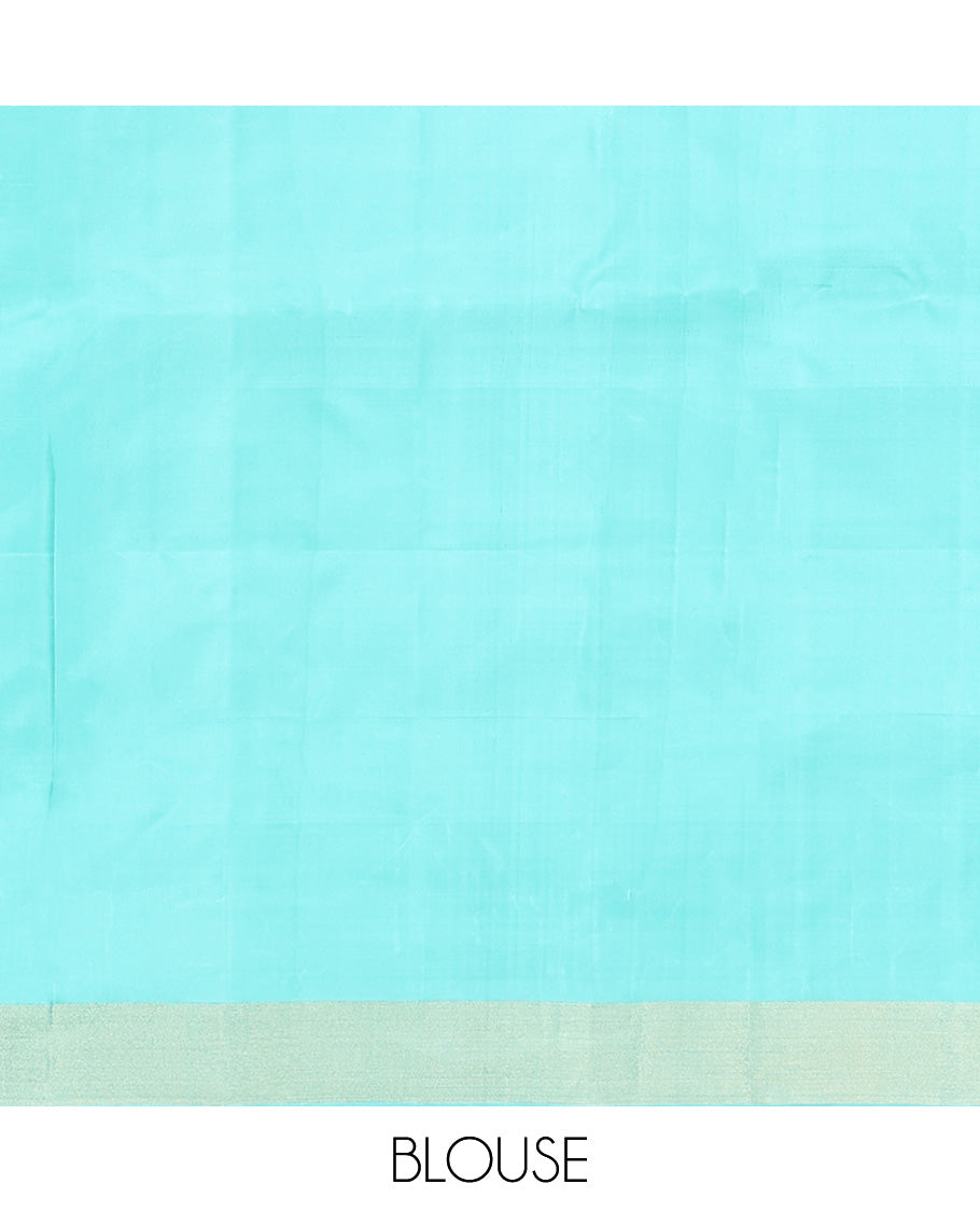 Blue Mayuri Soft Silk Saree, Sparsely Woven with Buttas All Over Its Body, Highlighted by Temple Border, Pallu of Colorful Checks, and Paired with a Matching Blouse