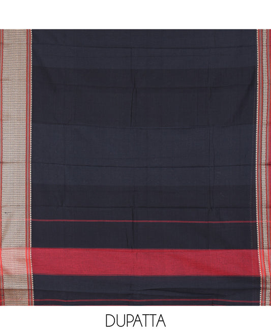 Black Mercerised Cotton Material Churidar Features Plain Top, Contrast Traditional Thread Border, Plain Bottom, Matching Dupatta