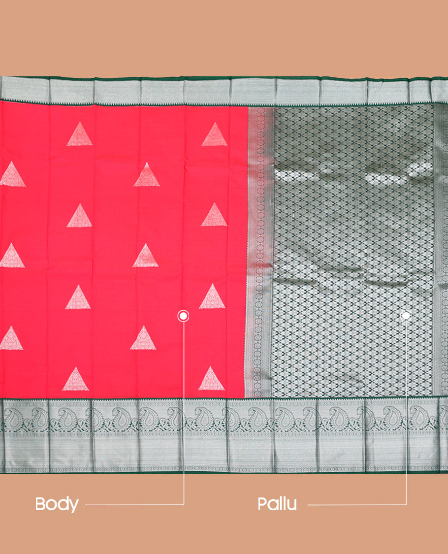Red Budget Silk Saree, Beautified with Zari Buttas on Its Body, Complemented by a Contrast Traditional Zari Design Border, Pallu of Jaal Patterns, and Paired with a Contrast Blouse