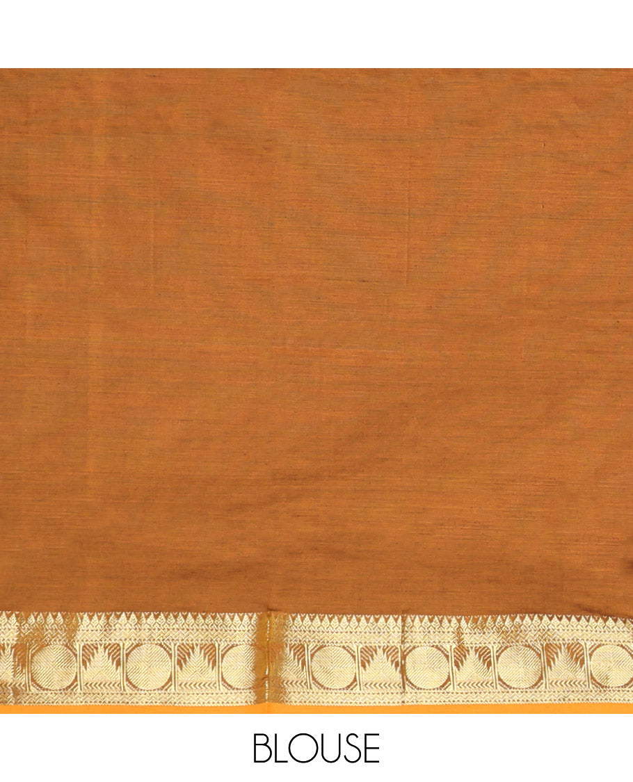Maroon Plain Poly Cotton Saree, Complemented by a Contrast Traditional Zari Border of Temple and Rudraksham Designs, Contrast Striped Pallu, and Paired with a Contrast Blouse
