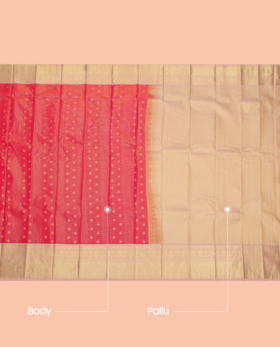 Pink Budget Silk Saree, Gracefully Embellished with Zari Buttas and Checks, Complemented by a Contrast Traditional Zari Border, Jaal Pallu, and Contrast Blouse