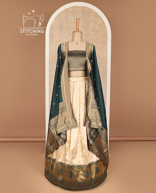 Cream zig zag design banaras half saree with contrast zari design border , checked zari design blouse & floral zari design dhavani
