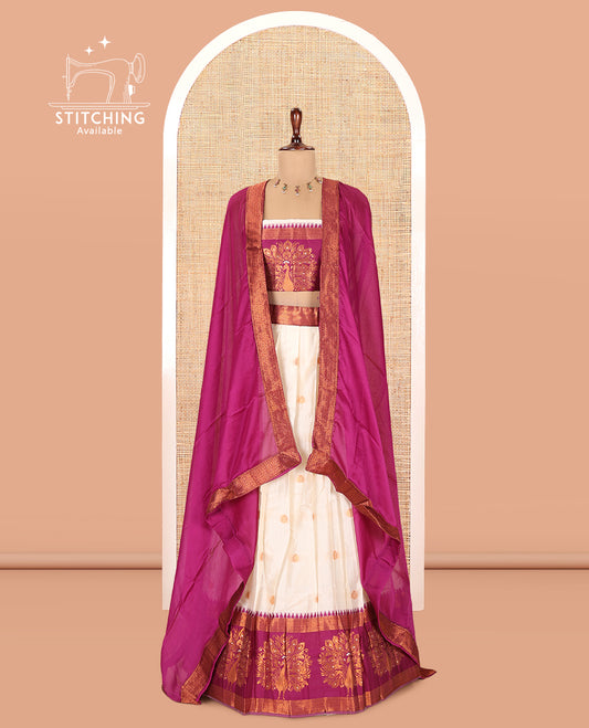 Cream-Dark Purple Semi-Silk Half-Saree