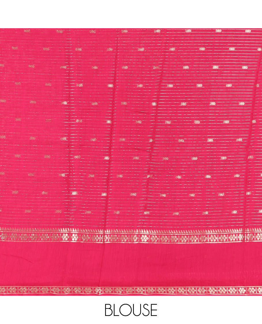 Red Assam Silk Saree, Crafted with Zari Buttas and Stripes, Complemented by Contrast Zari Border,  Zari Woven Pallu, and Contrast Blouse