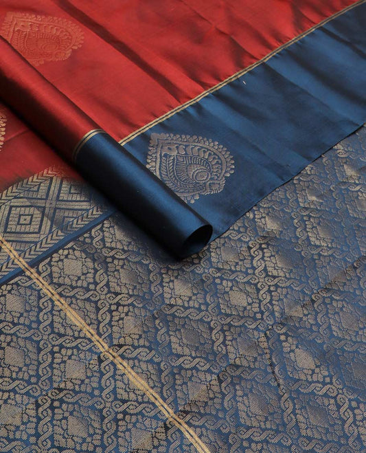 Red zari buttas silk mix saree, contrast zari buttas border & zari-rich intricate jaal pallu