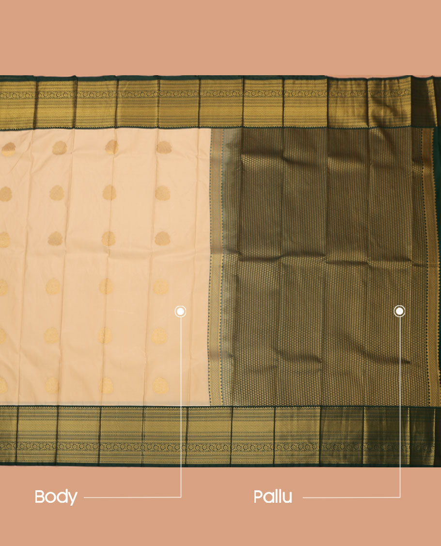 Sandal Budget Silk Saree, Ornamented with Zari Buttas on Its Body, Complemented by a Contrast Traditional Zari Design Border, Grand Jaal-Patterned Pallu, and Paired with a Contrast Blouse