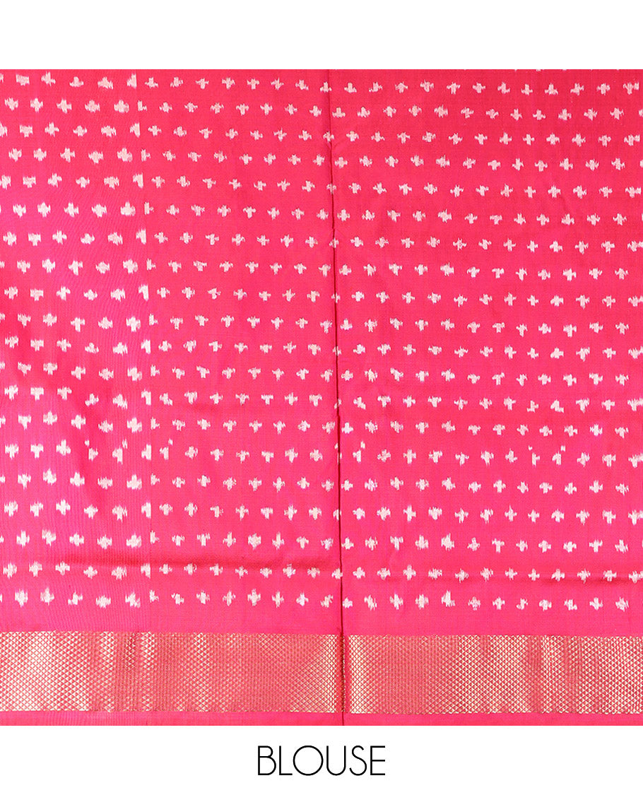 Yellow Pochampally Ikat Saree, Adorned with Elephant Buttas, a Zari Border, Contrast Elephant Motif Pallu, and a Contrast Blouse
