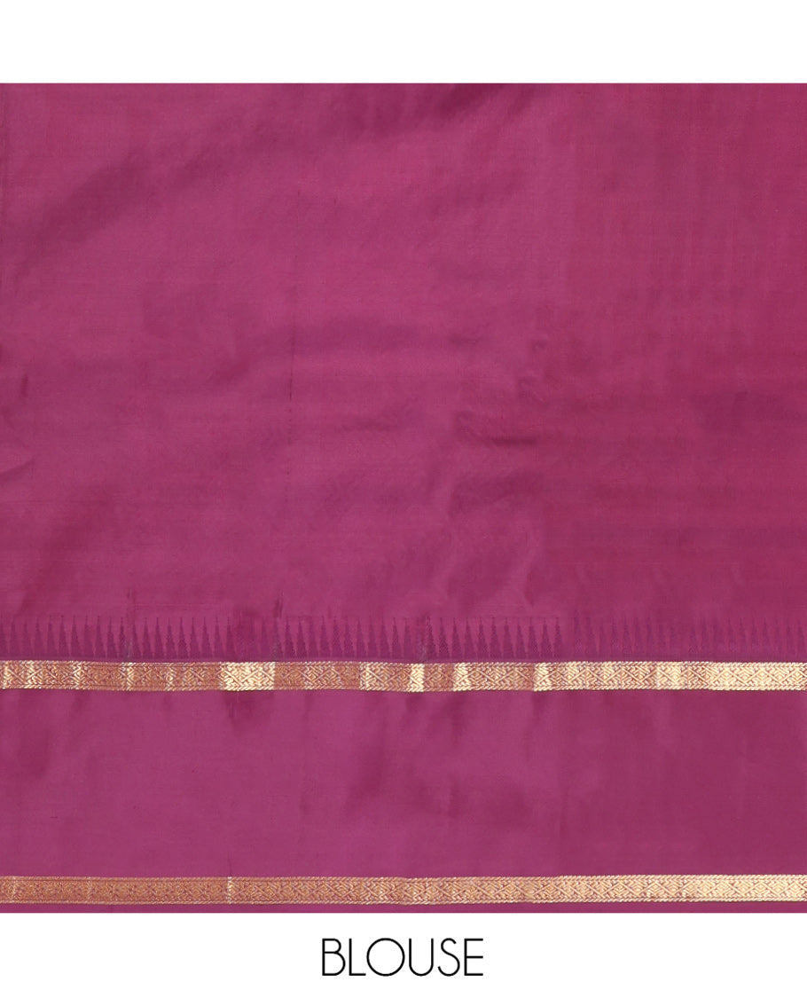 Orange Vasundhara Silk Saree, Delicately Woven with Zari Buttas All Over Its Body, Complemented by a Contrast Rettai Pettu Temple Border of Zari Designs, Grand Jaal Pallu, and Paired with a Contrast Blouse