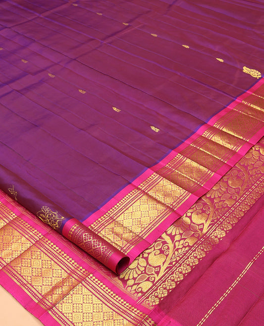 Purple Kanchipuram Silk Saree, Woven with Zari Buttas, Complemented by a Contrast Border of Panner Sombu, Banaras, Muthu, and Jaal Design, Floral Design Pallu, and No Blouse
