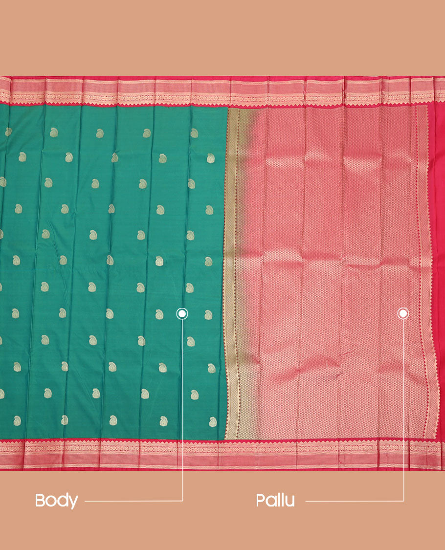 Green Budget Silk Saree, Beautifully Bedecked with Paisley Buttas All Over Its Body, Complemented by a Contrast Traditional Zari Design Border, Sparsely Woven Jaal Pallu, and Paired with a Contrast Blouse