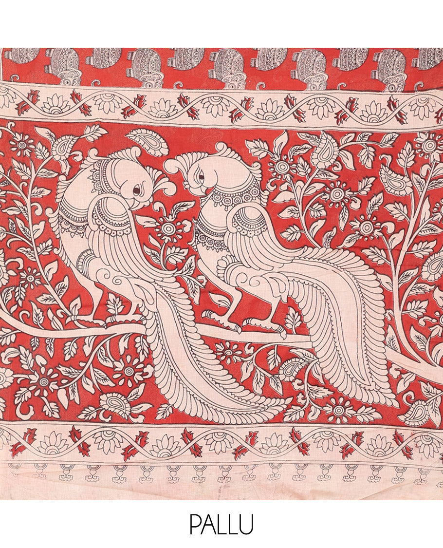 Borderless Red Kalamkari Cotton Saree, Spotlighted with Elephant Motifs Print, Self-Pallu of Peacock Motifs, and a Matching Blouse