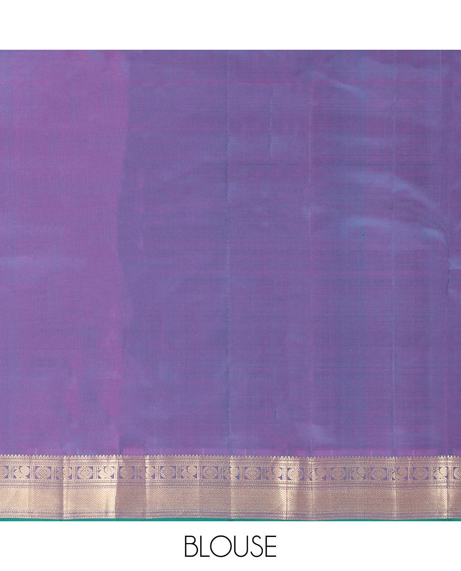 Blue Vasundhara Silk Saree, Embellished with Mayil-Chakra Buttas, Complemented by a Contrast Border of Rekku, Muthu, Kathir, Mayil, Chakram, and Mayil Kann, Jaal Pallu, and a Contrast Blouse