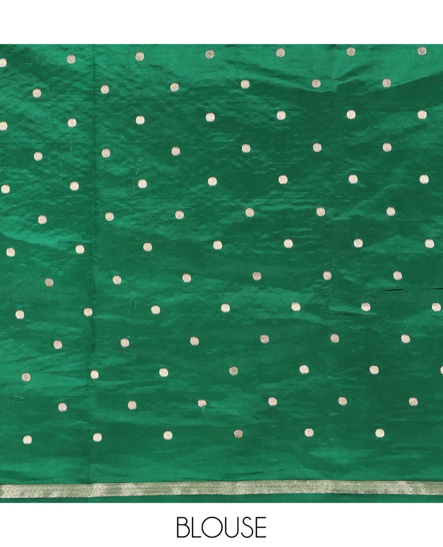 Red Dupion Silk Saree, Detailed with Zari Buttas and Micro-Checks, Complemented by a Contrast Traditional Zari Design Border, Zari Striped Pallu, and Has a Contrast Blouse