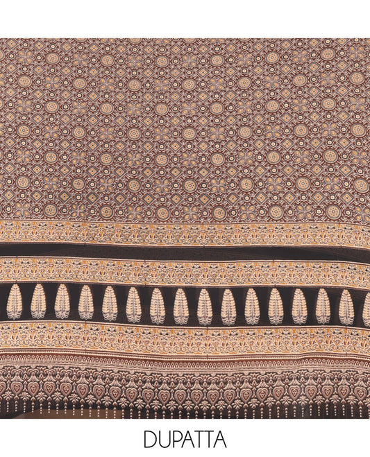 Coffee Brown Georgette Material Churidar, Ajrakh Print and Mirror Work Top, a Matching Bottom, and Ajrakh Printed Dupatta