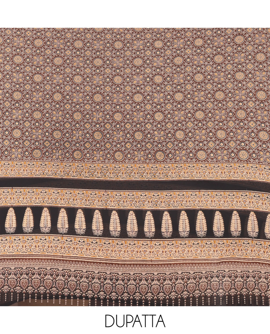 Coffee Brown Georgette Material Churidar, Ajrakh Print and Mirror Work Top, a Matching Bottom, and Ajrakh Printed Dupatta