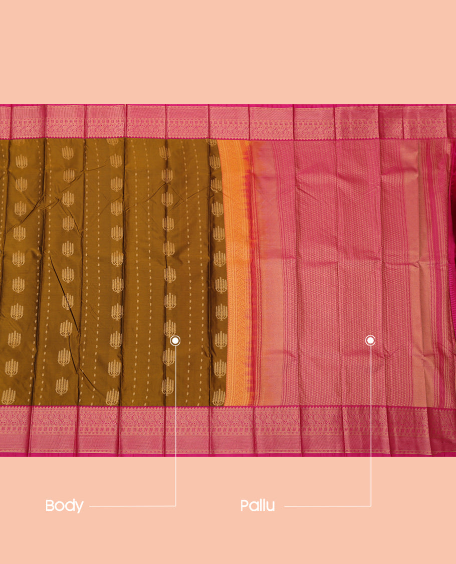 Brown Budget Silk Saree Featuring Zari Buttas, a Contrast Traditional Zari Border, Grand Pallu, and a Contrast Blouse