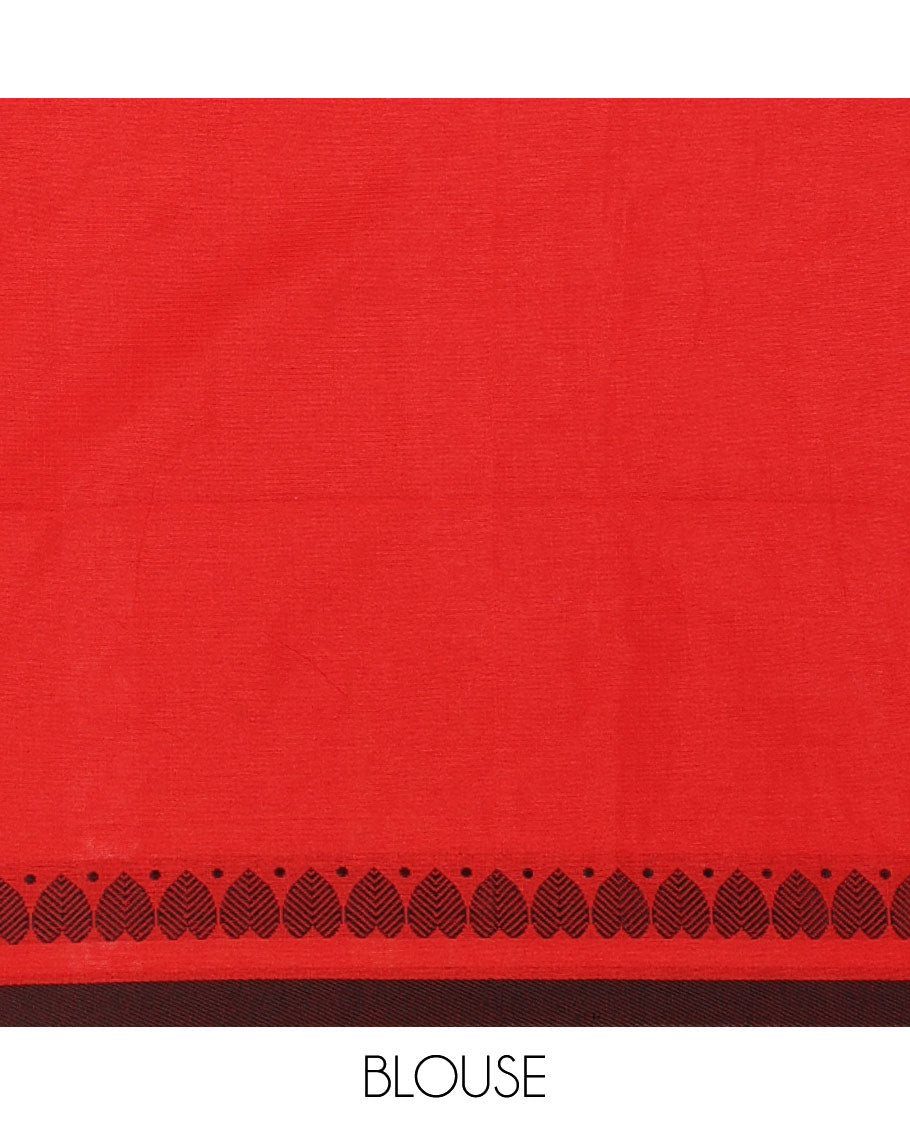 Red plain khadi cotton saree with contrast border and plain pallu with tussels