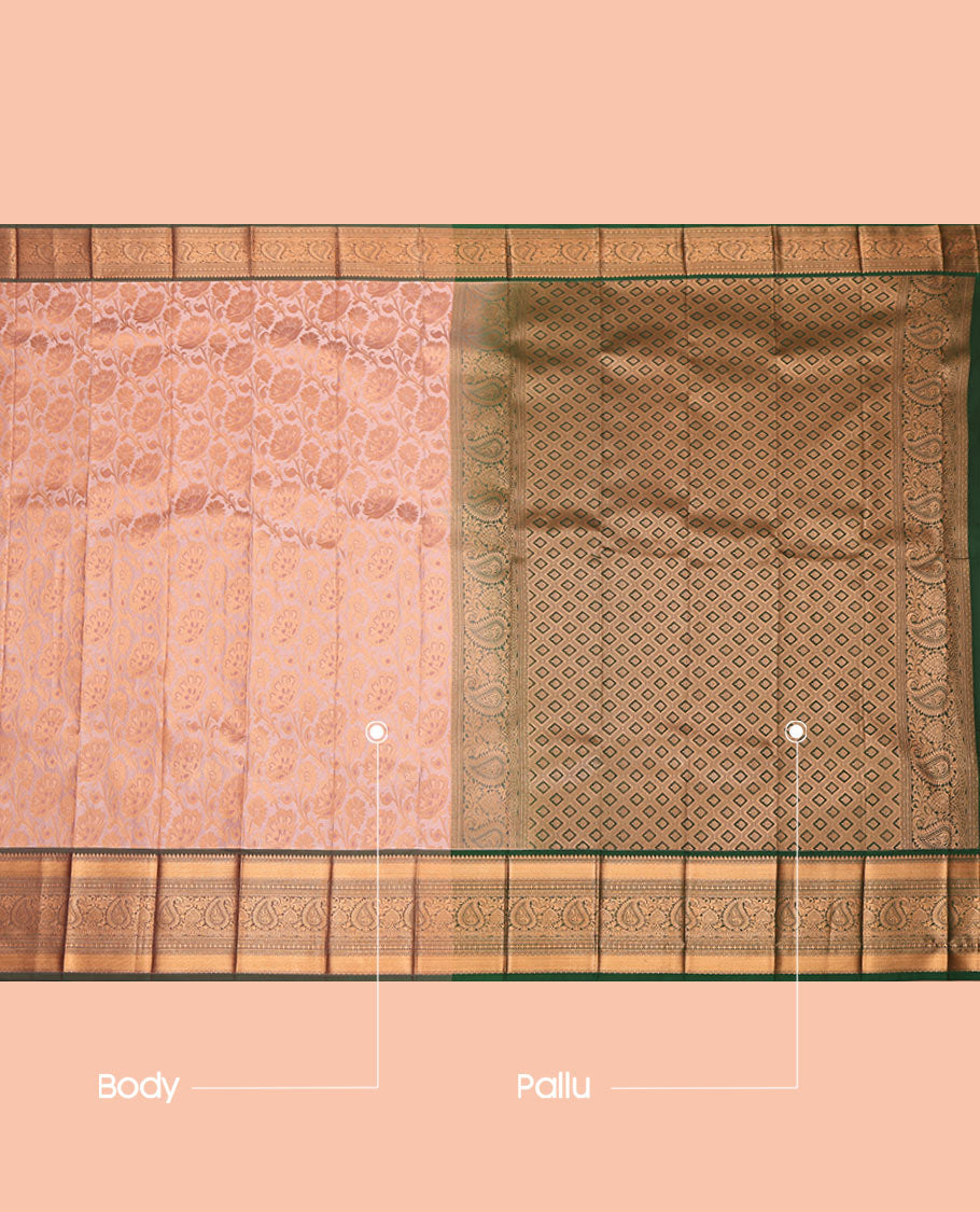 Peach Budget Silk Saree, Prettified  with Jacquard Design, Complemented by a Contrast Traditional Zari Border, Jaal Pallu, and Contrast Blouse