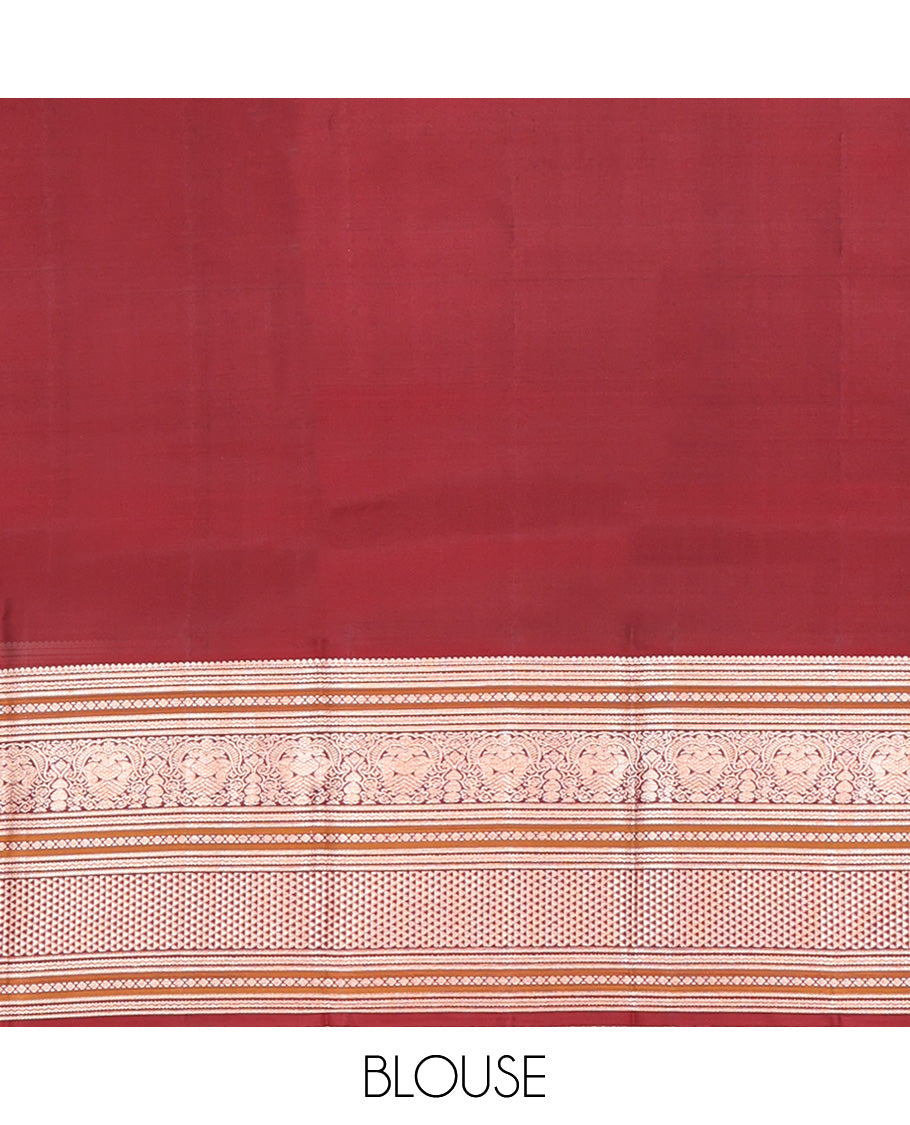 Orange Vasundhara Silk Saree, Meticulously Crafted with Zari Butta Enclosed Checks, Complemented by Contrast Border of Thilakam Mokku, Rettai Neli, Iruthalai Pakshi, and Ara Maadam Designs, Grand Jaal Pallu and Paired with a Contrast Blouse