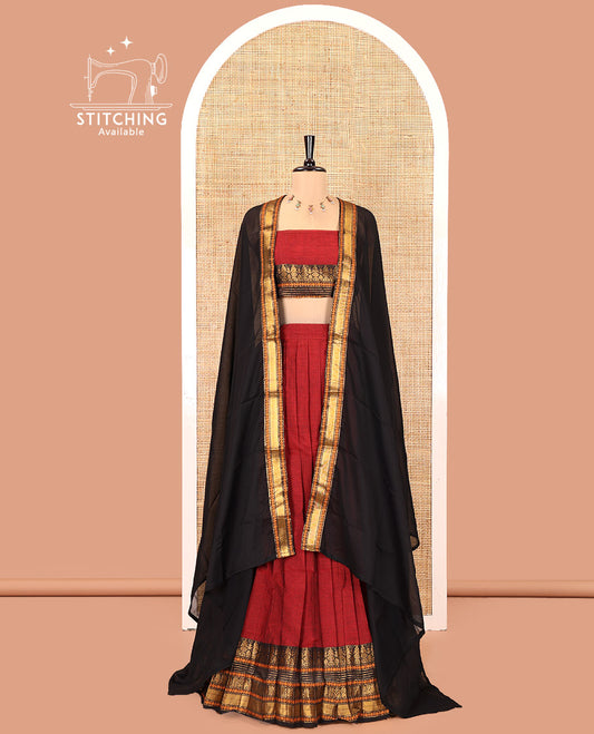 Red-Black Chettinad Cotton Saree Features a Plain Skirt, a Contrast Traditional Zari Border, Matching Blouse, and Contrast Syska Georgette Dhavani
