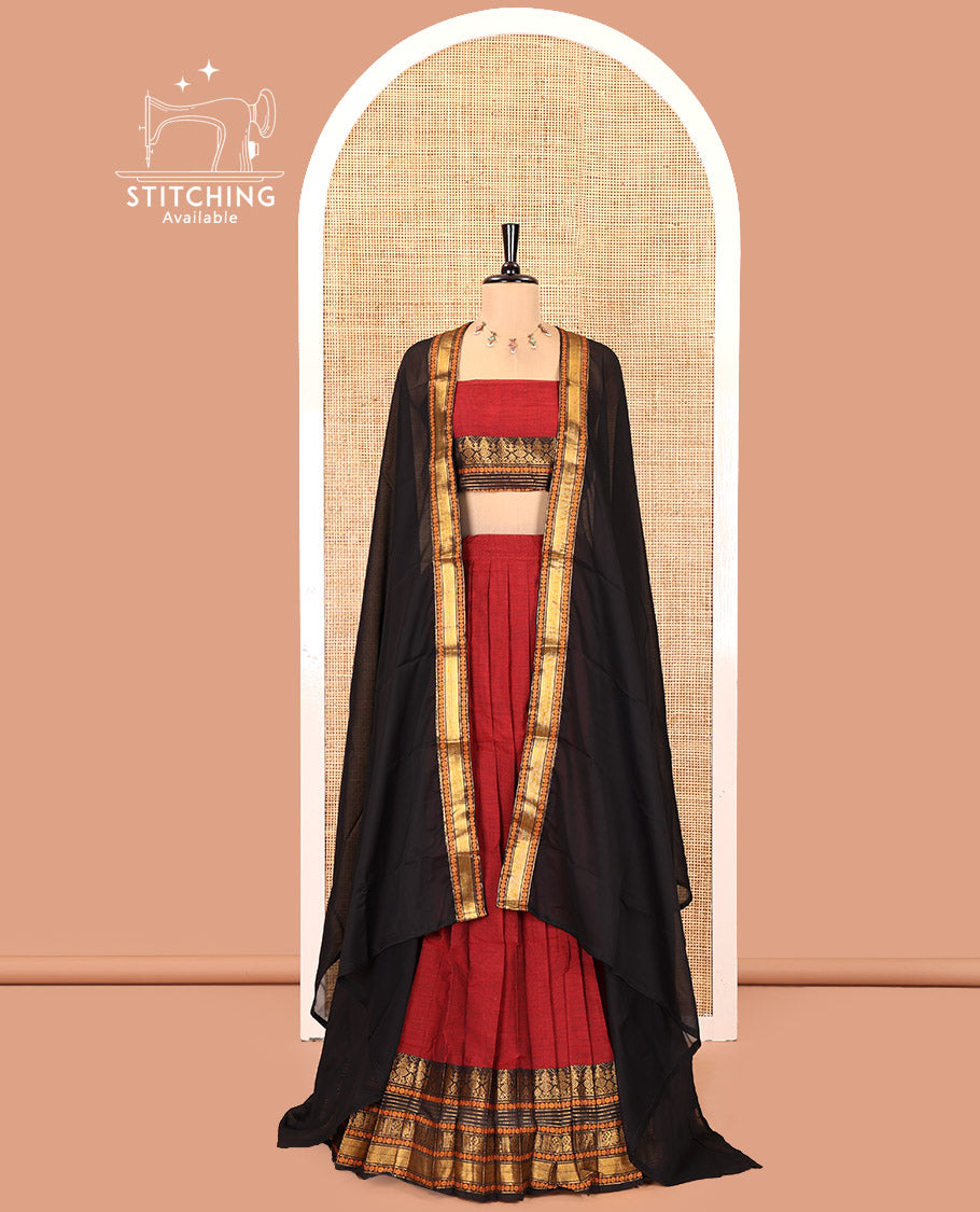 Red-Black Chettinad Cotton Saree Features a Plain Skirt, a Contrast Traditional Zari Border, Matching Blouse, and Contrast Syska Georgette Dhavani