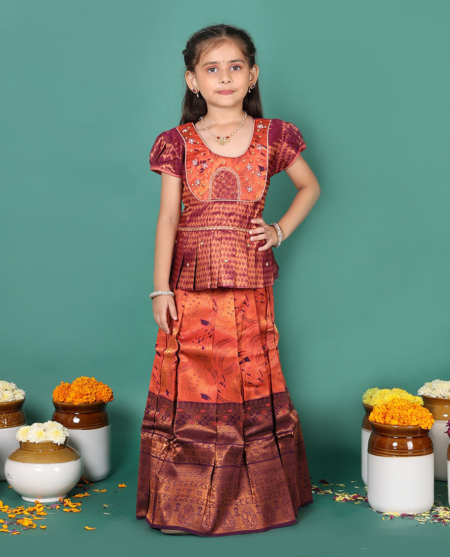 Orange readymade art silk pavadai set, jacquard with contrast traditional zari border skirt,