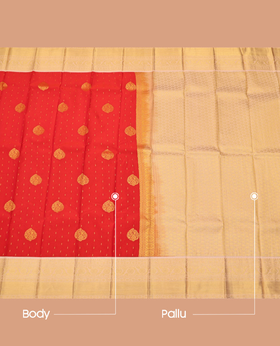 Red Budget Silk Saree, Highlighted by Zari Buttas on Its Body, Complemented by a Contrast Traditional Zari Border, Gleaming Jaal Pallu, and Paired with a Contrast Blouse