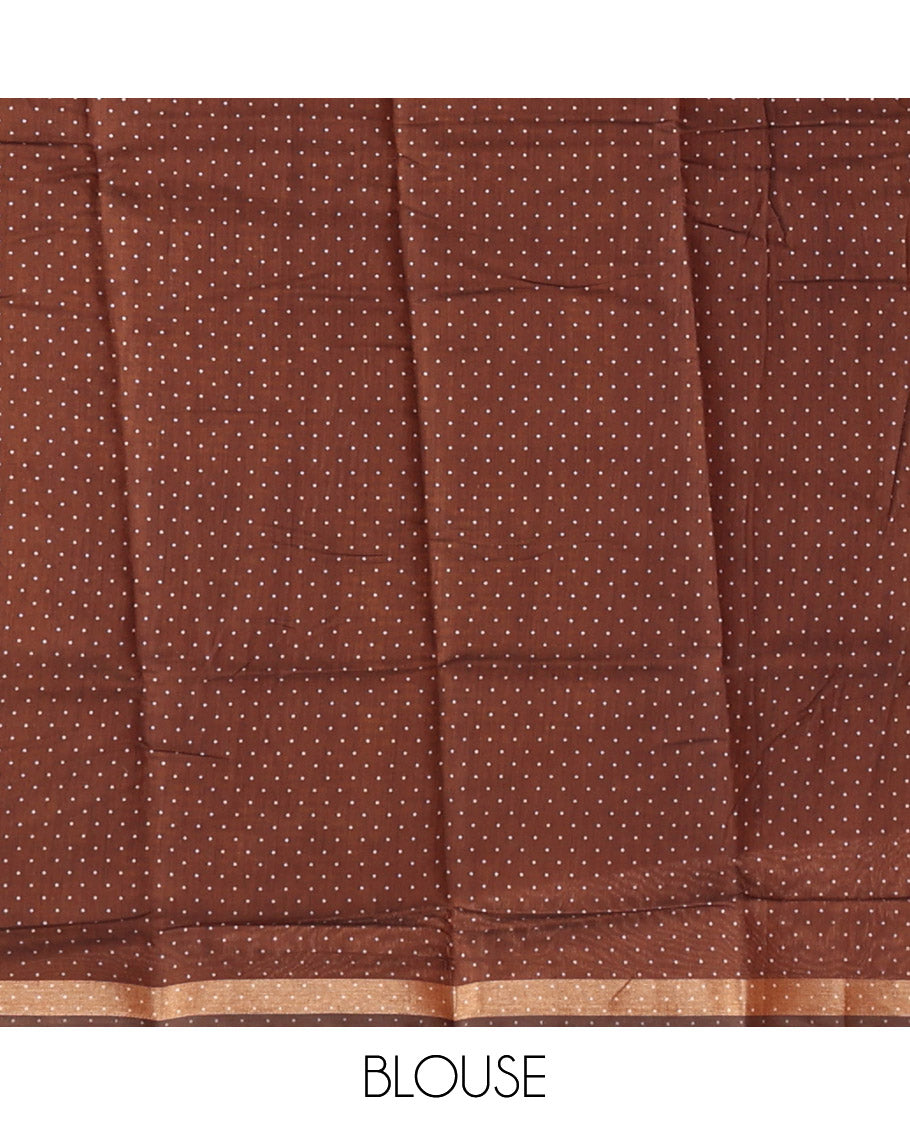 Brown Kanchi Cotton Saree, Detailed with Floral Motifs and Geometric Patterns All Over Its Body, a Subtle Self-Border, Pallu of Floral Designs, and Paired with a Matching Blouse