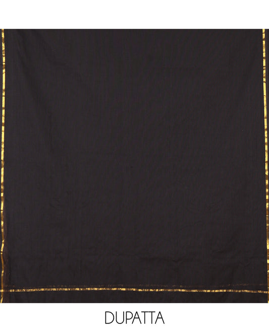Chikku-Black Cotton Material Churidar Features Kalamkari Human Figurines Printed Top, Contrast Bottom, and Contrast Dupatta