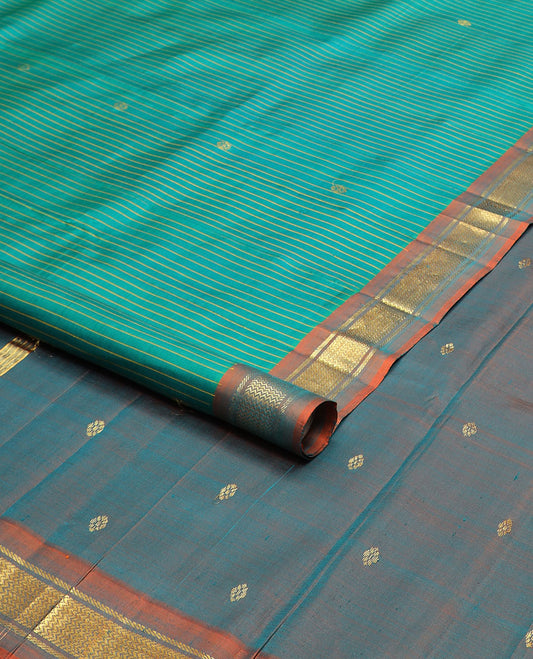 Green striped & zari buttas kanchipuram silk saree, contrast one-sided border of banaras & vanki design & zari design pallu
