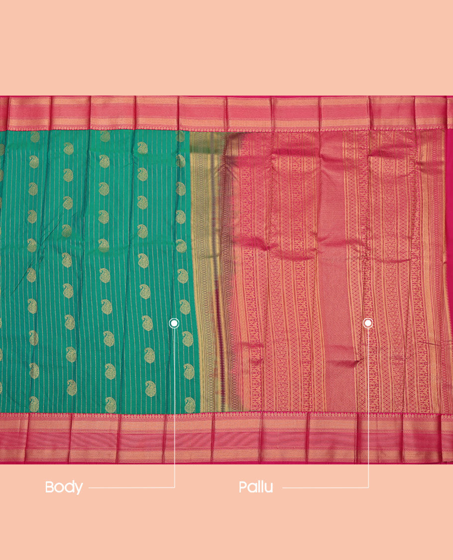 Green Budget Silk Saree, Enthralled with Paisley Buttas and Stripes All Over Its Body, Complemented by a Contrast Traditional Zari Border, Grand Pallu, and Paired with a Contrast Blouse