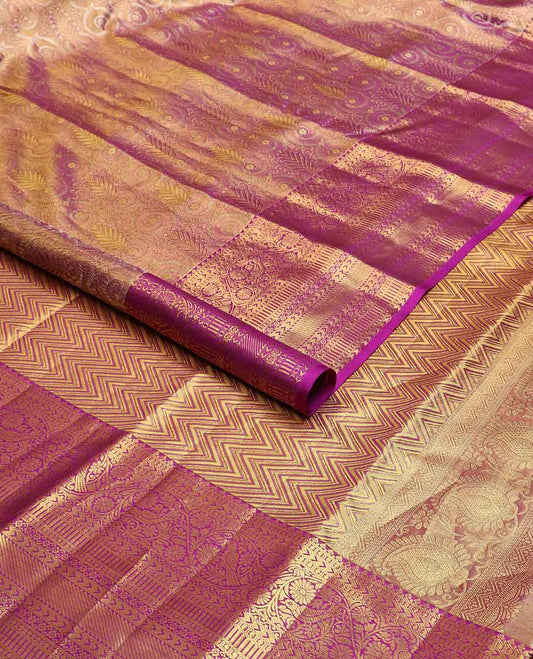 Pink floral design kancheepuram tissue silk saree with contrast border of thilakam mokku, banaras, paun, kathir, kodi visiry design & floral pallu