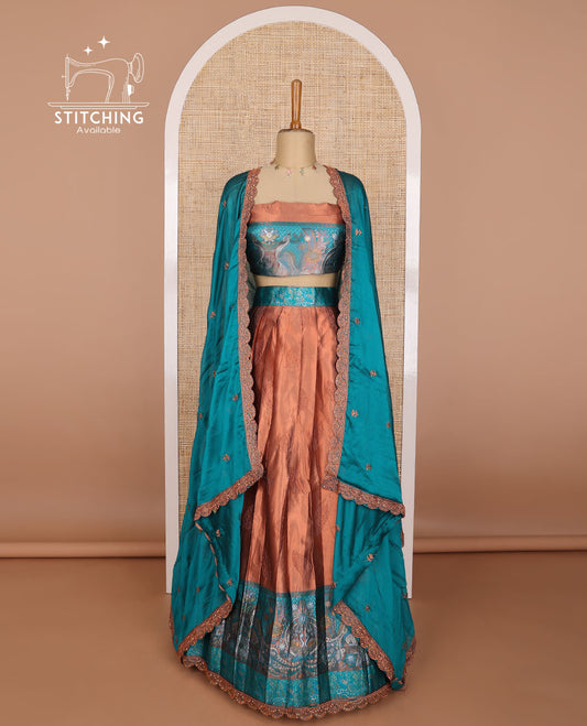 Brown buttas tissue half saree with contrast bird design border, bird design blouse & floral embroidery, scallop border dhavani