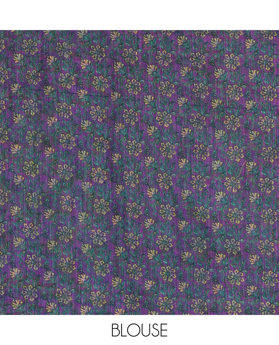 Borderless black big circle shibori printed linen cotton saree, contrast sanganeri floral block printed pallu, and a contrast printed blouse