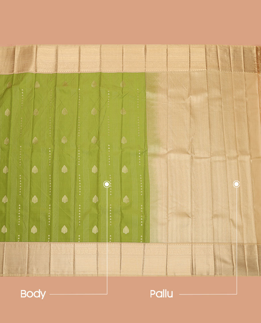 Green Budget Silk Saree, Subtly Enriched with Zari Buttas on Its Body, Complemented by a Contrast Traditional Zari Design Border, Geometric-Patterned Pallu, and Paired with a Contrast Blouse