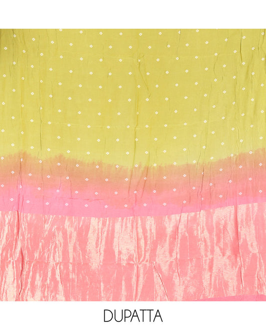 Pink and Light Green Semi-Silk Material Churidar Set, Beautified with Bandhani Dots Print, Comes with a Plain Santoon Bottom, and Paired with a Double-Colored Dupatta of Bandhani Dots Print