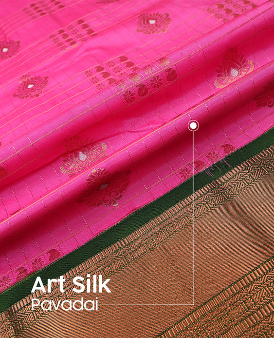 Rosemilk pink art silk pavadai material set, zari design pavadai with contrast blouse & traditional zari border