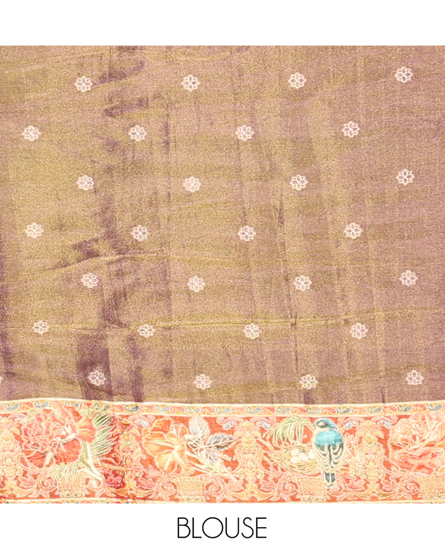 Dark Purple Tropical Floral Russian Dola Tissue Saree, Floral-Bird Border, and a Matching Blouse