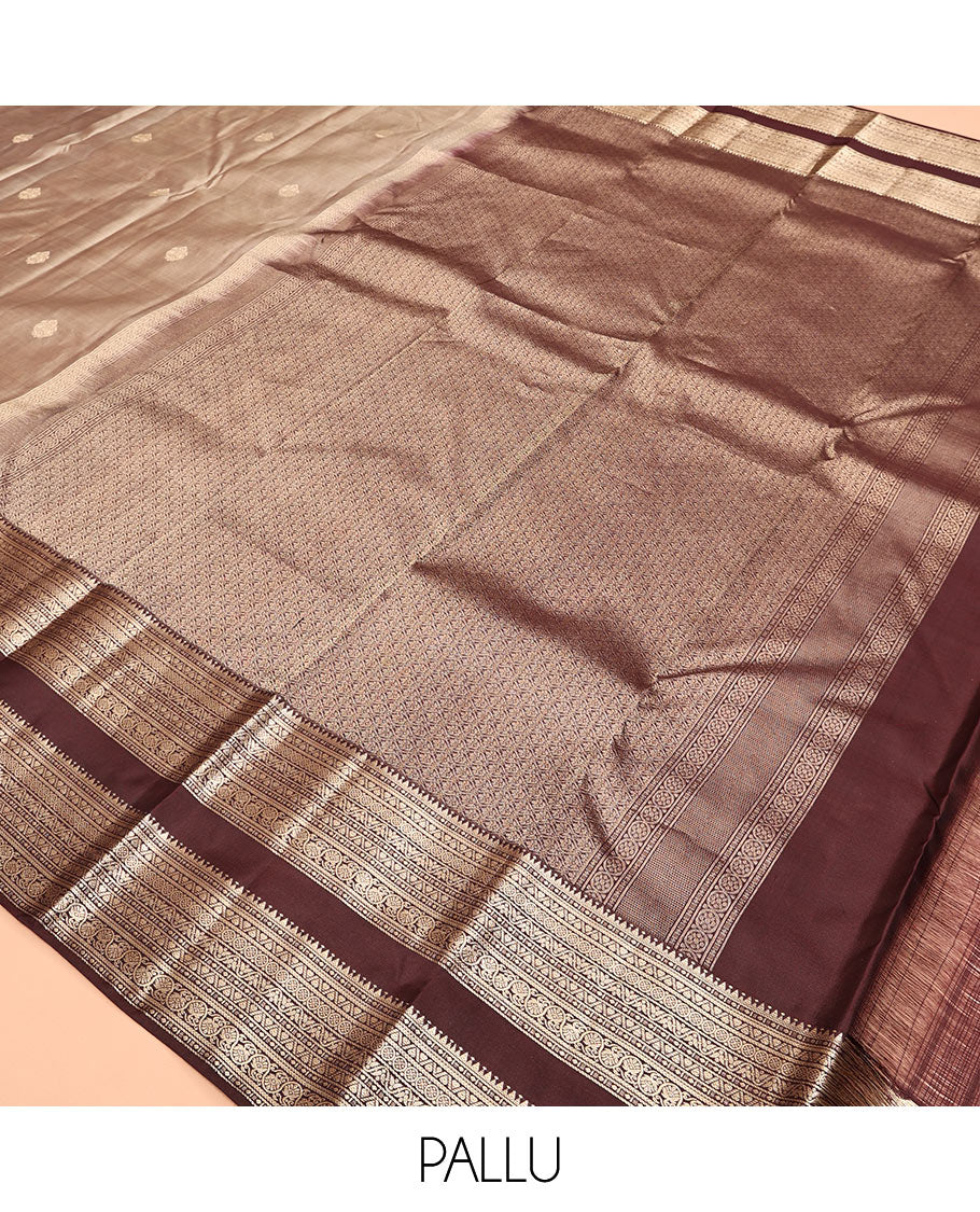 Grey Vasundhara Silk Saree, Sparsely Woven with Zari Buttas, Complemented by a Contrast Rettai Pettu Traditional Zari Border, Jaal Pallu, and a Contrast Blouse